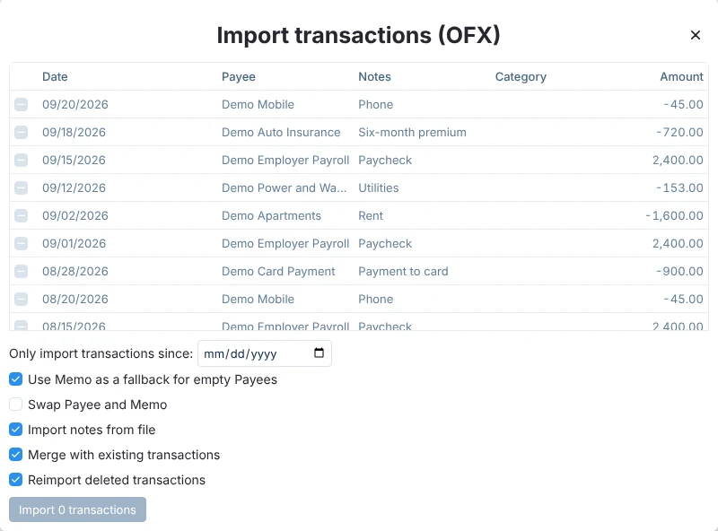 Actual Budget's OFX import window on the second import of the same file, listing the demo checking transactions with their boxes grayed out and a button reading Import 0 transactions.