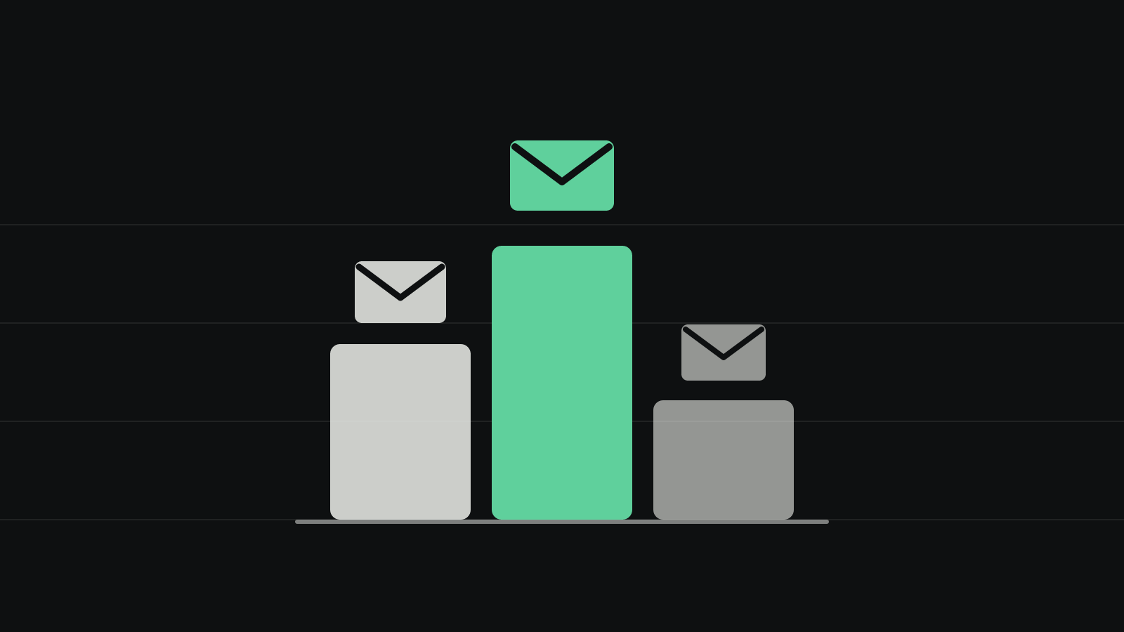 Three rounded bars of different heights on a dark ground, the tallest in green, each topped by a simple envelope shape.