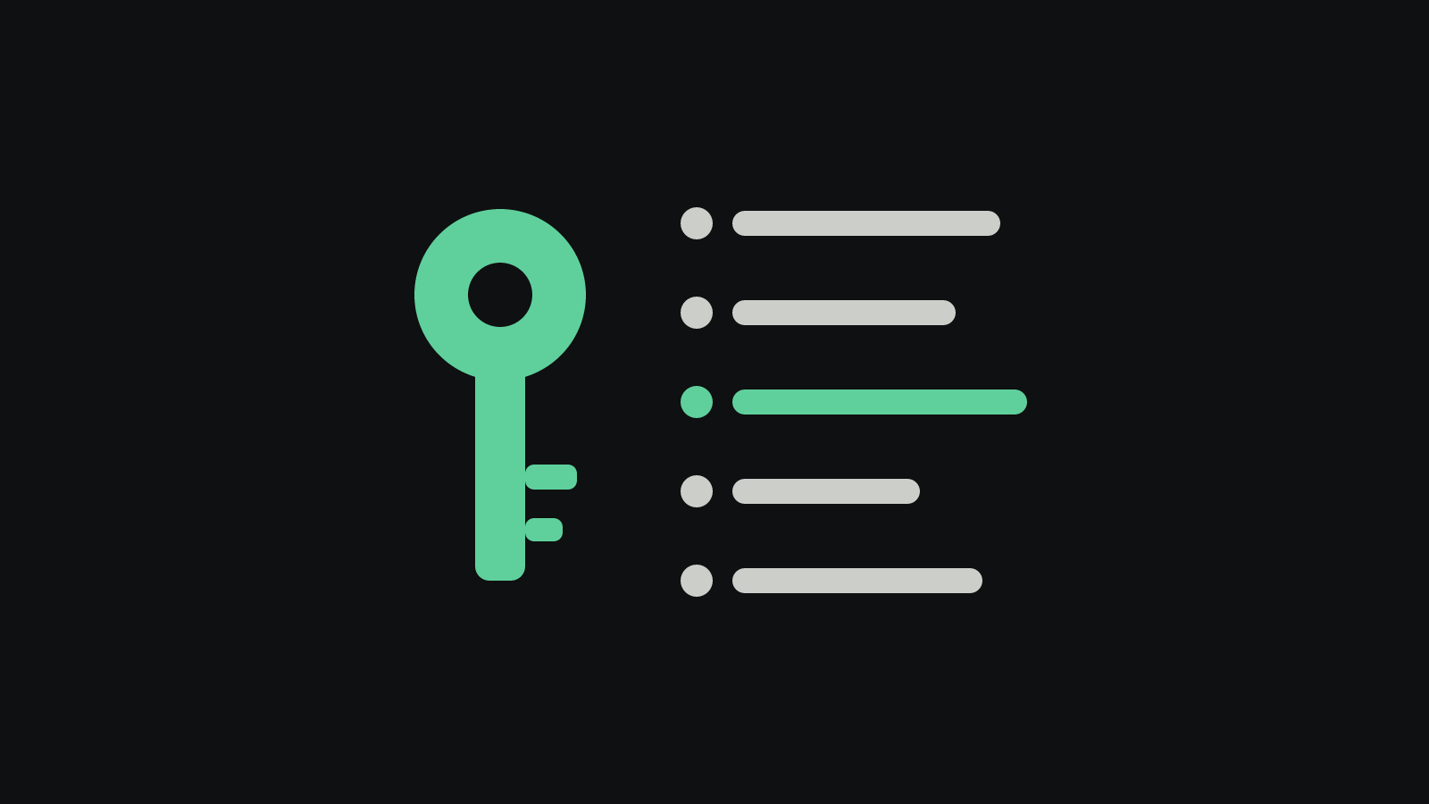 A green key beside a column of five rounded bars on a dark ground, four light and one green, like a checklist.