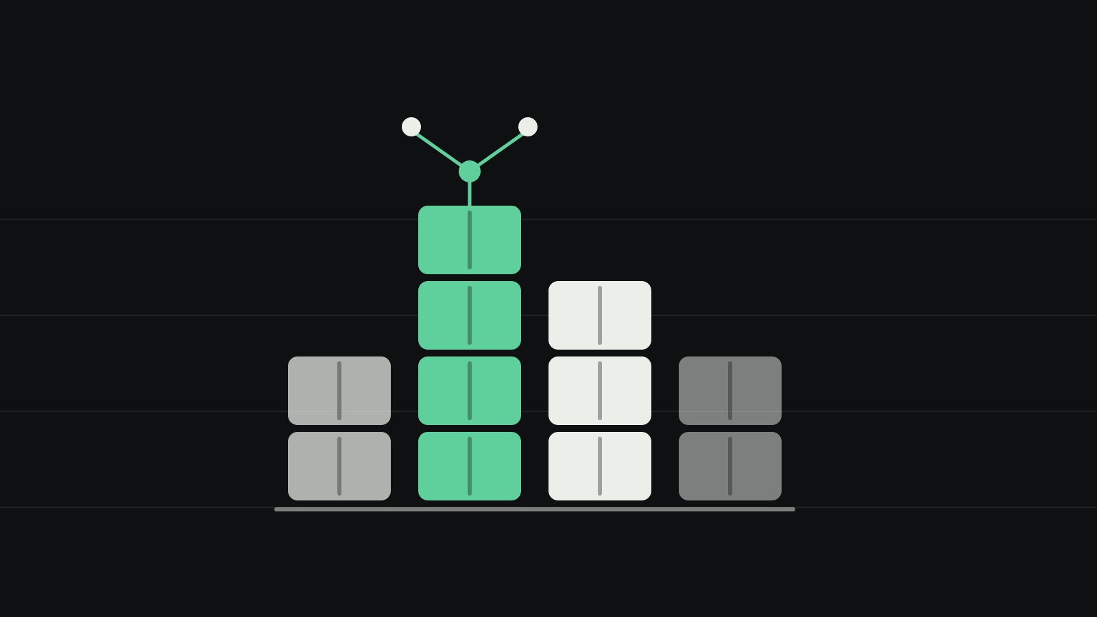 Four stacks of rounded boxes on a shelf against a dark background, the tallest stack in green with a small branching tree of dots above it.
