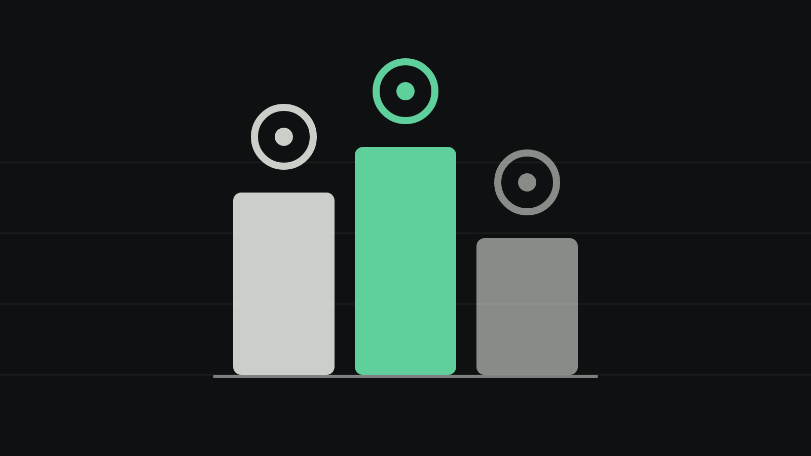 Three rounded columns of different heights on a dark ground, the tallest one green in the middle, each topped by a ring with a dot like a speaker cone.